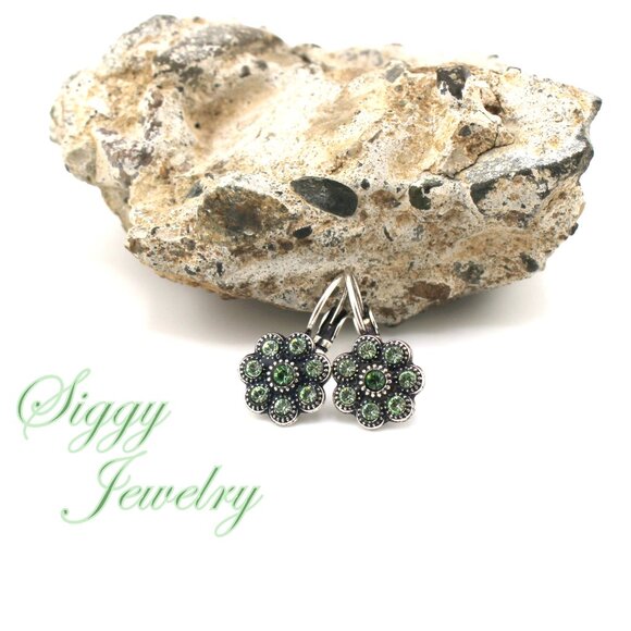 Austrian Crystal Flower Earrings, Green Erinite & Chrysolite, Assorted Finishes - Picture 4 of 5